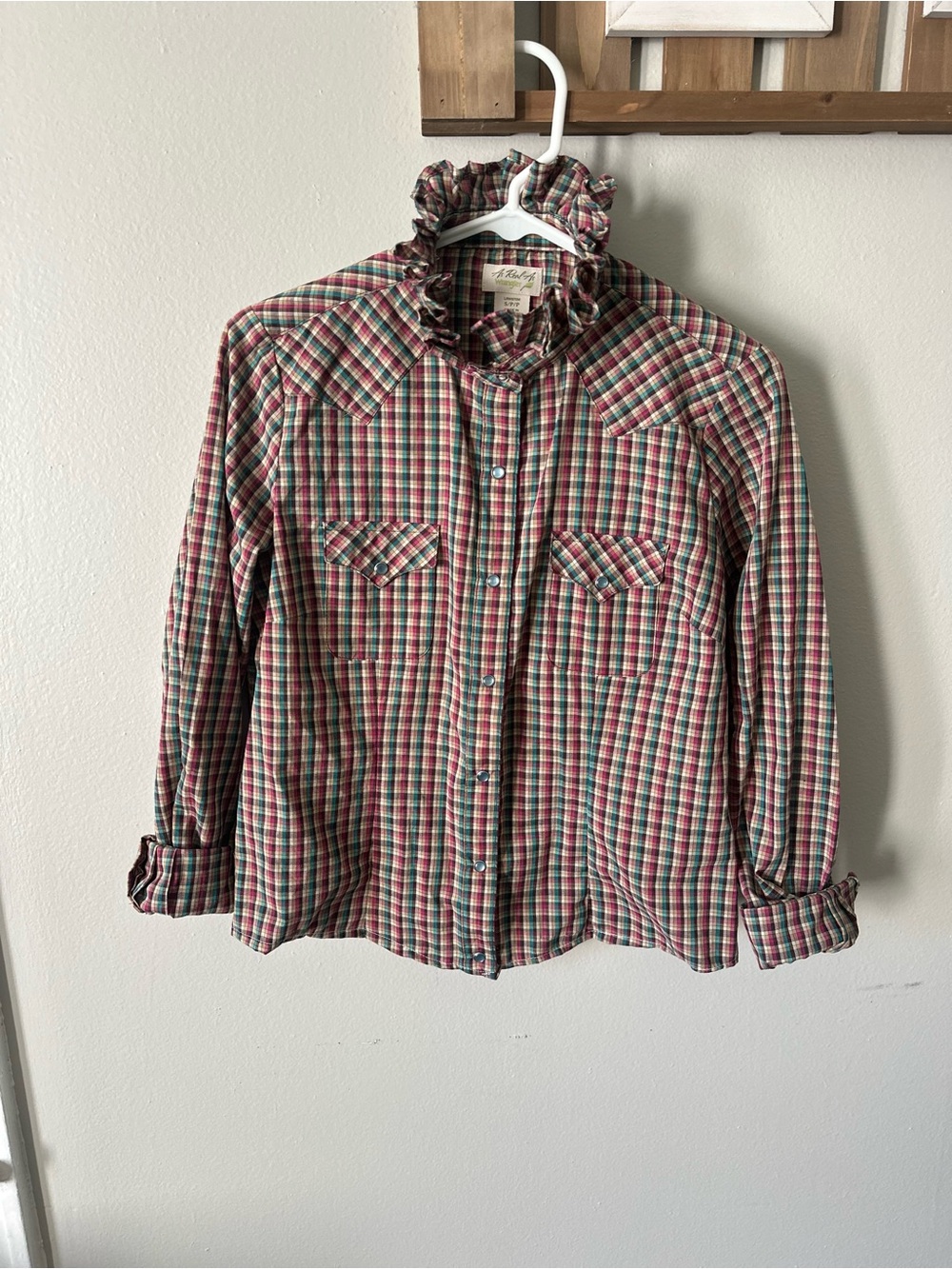 Wrangler Multicolor Plaid Ruffle Collar Button-Down Shirt